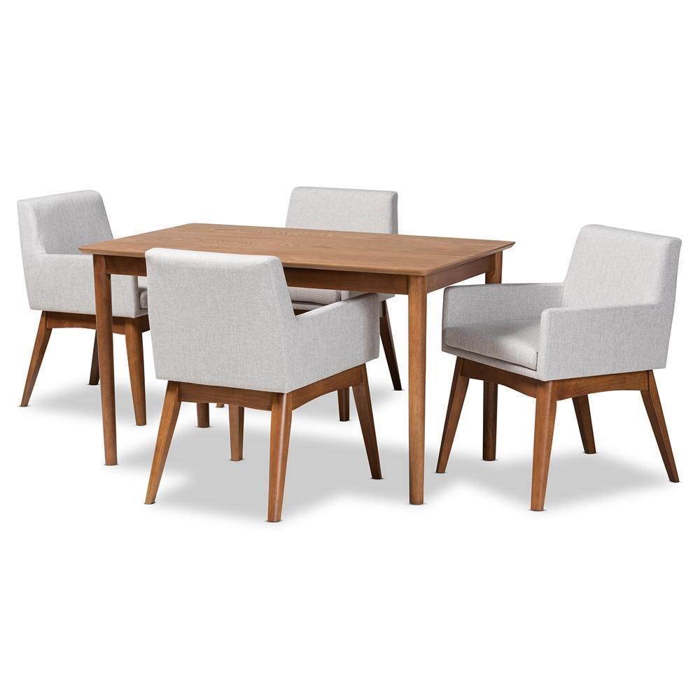 Dorina Mid-Century Modern Greyish Beige Fabric Upholstered and Walnut Brown Finished Wood 5-Piece Dining Set FredCo