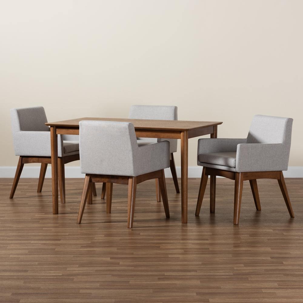 Dorina Mid-Century Modern Greyish Beige Fabric Upholstered and Walnut Brown Finished Wood 5-Piece Dining Set FredCo