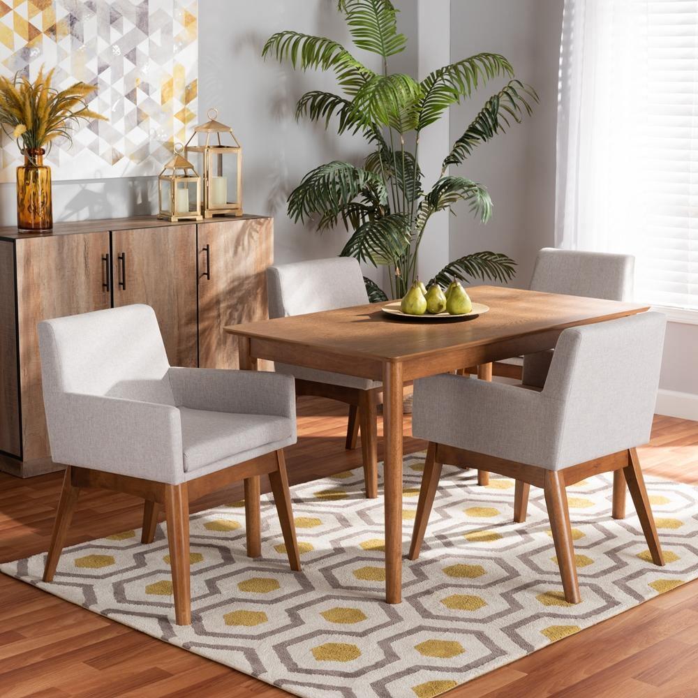 Dorina Mid-Century Modern Greyish Beige Fabric Upholstered and Walnut Brown Finished Wood 5-Piece Dining Set FredCo