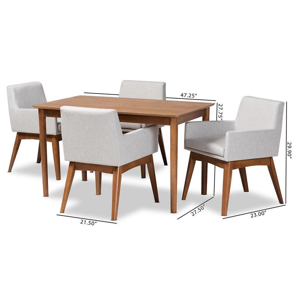 Dorina Mid-Century Modern Greyish Beige Fabric Upholstered and Walnut Brown Finished Wood 5-Piece Dining Set FredCo