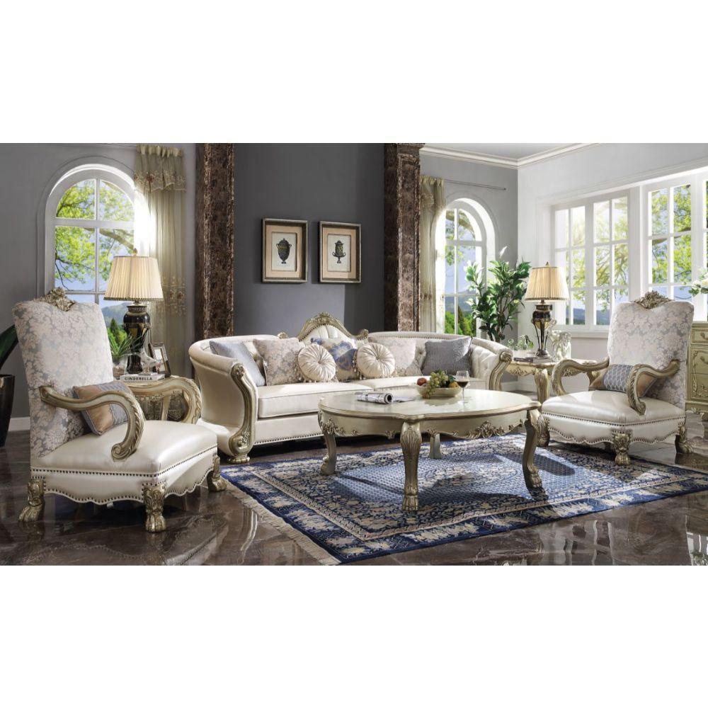 Dresden II Sofa (w/7 Pillows) Pearl PU & Gold Patina FredCo