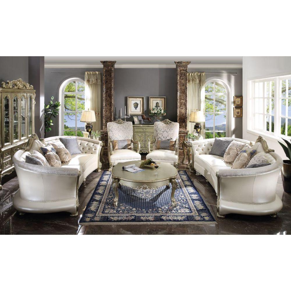 Dresden II Sofa (w/7 Pillows) Pearl PU & Gold Patina FredCo