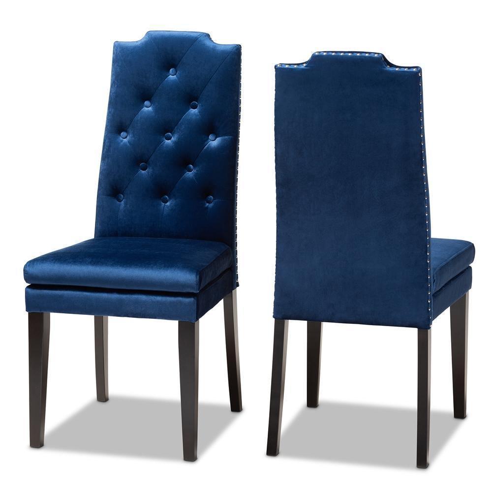 Dylin Modern and Contemporary Navy Blue Velvet Fabric Upholstered Button Tufted Wood Dining Chair Set of 2 FredCo