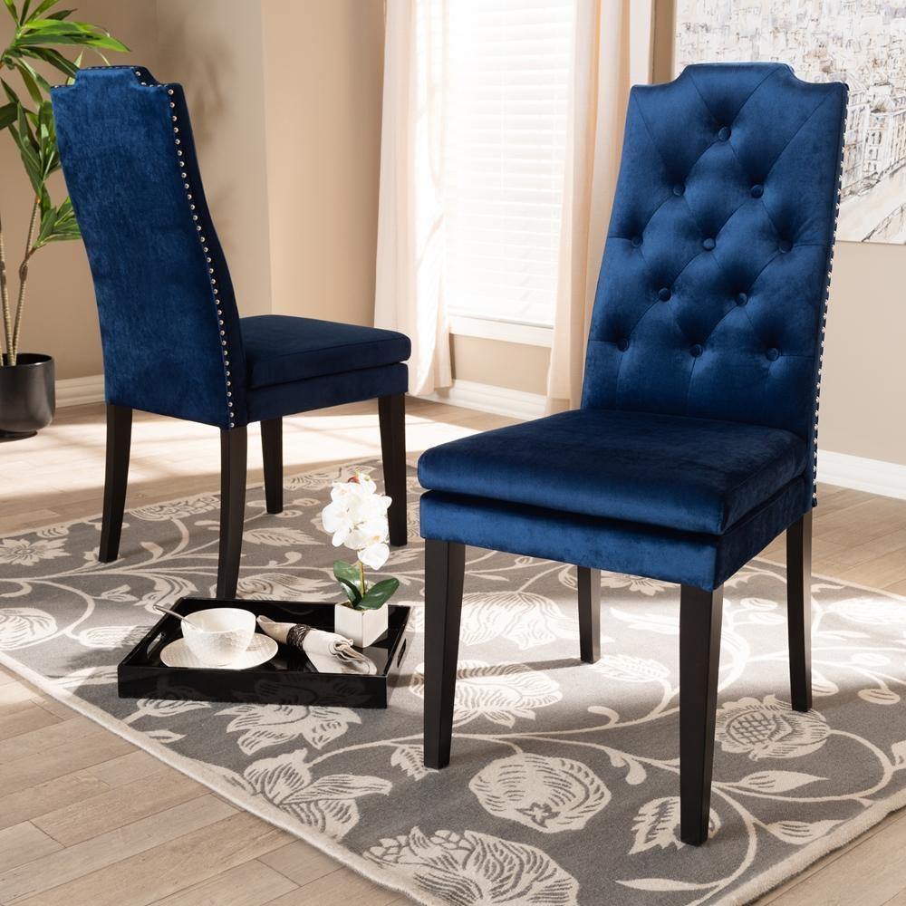 Dylin Modern and Contemporary Navy Blue Velvet Fabric Upholstered Button Tufted Wood Dining Chair Set of 2 FredCo