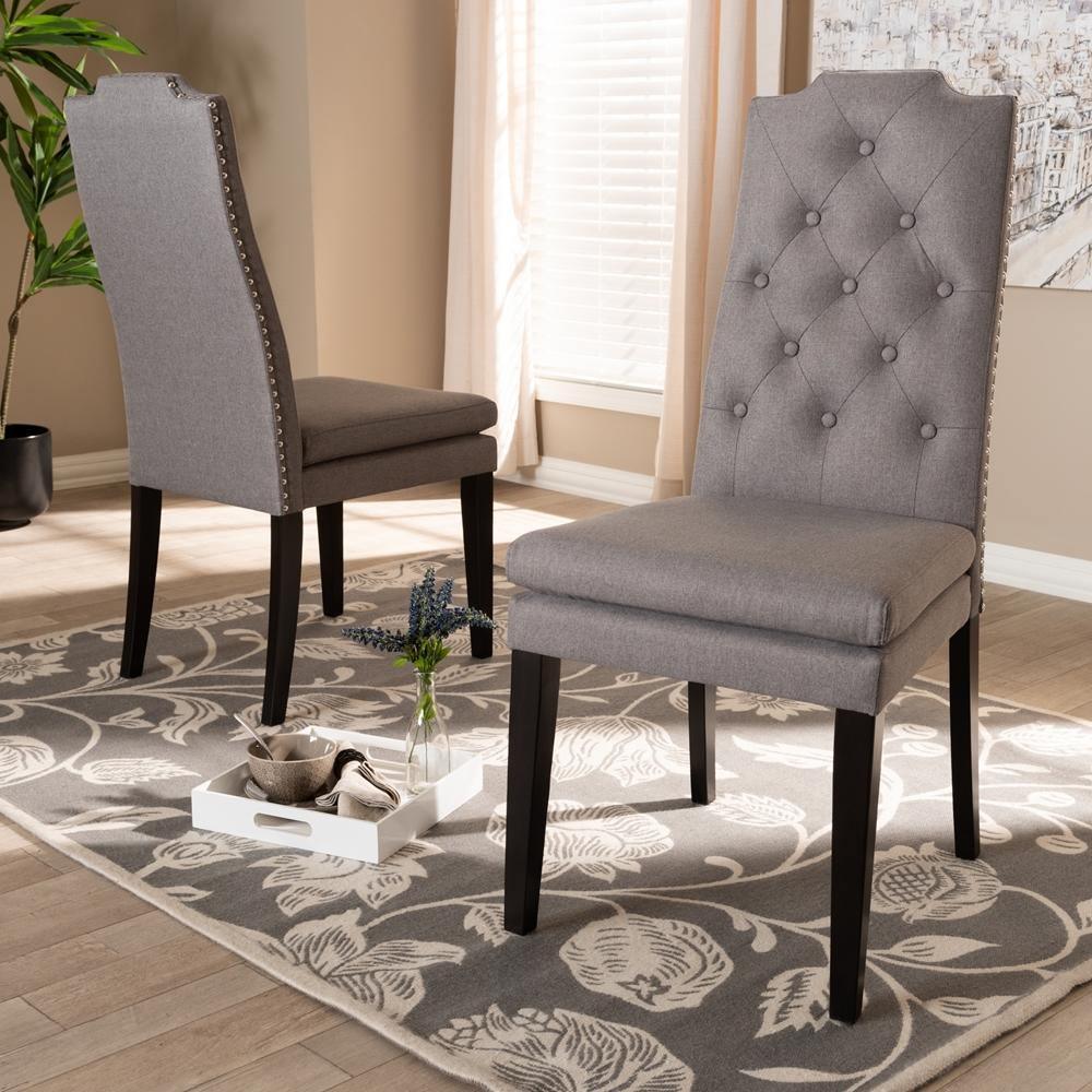 Dylin Modern and ContemporaryGray Fabric Upholstered Button Tufted Wood Dining Chair Set of 2 FredCo
