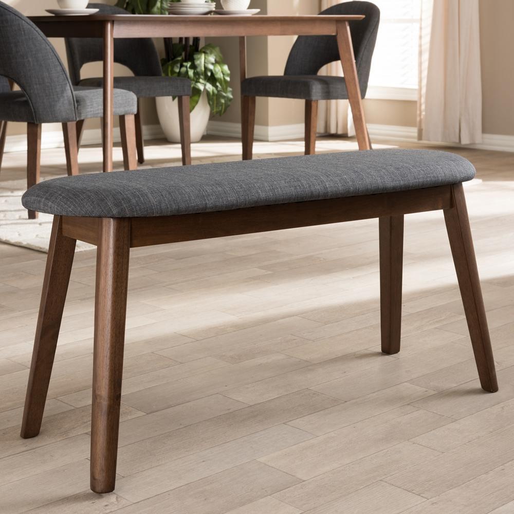 Easton Mid-Century Modern Dark Grey Fabric Upholstered Walnut Finished Wood Bench FredCo