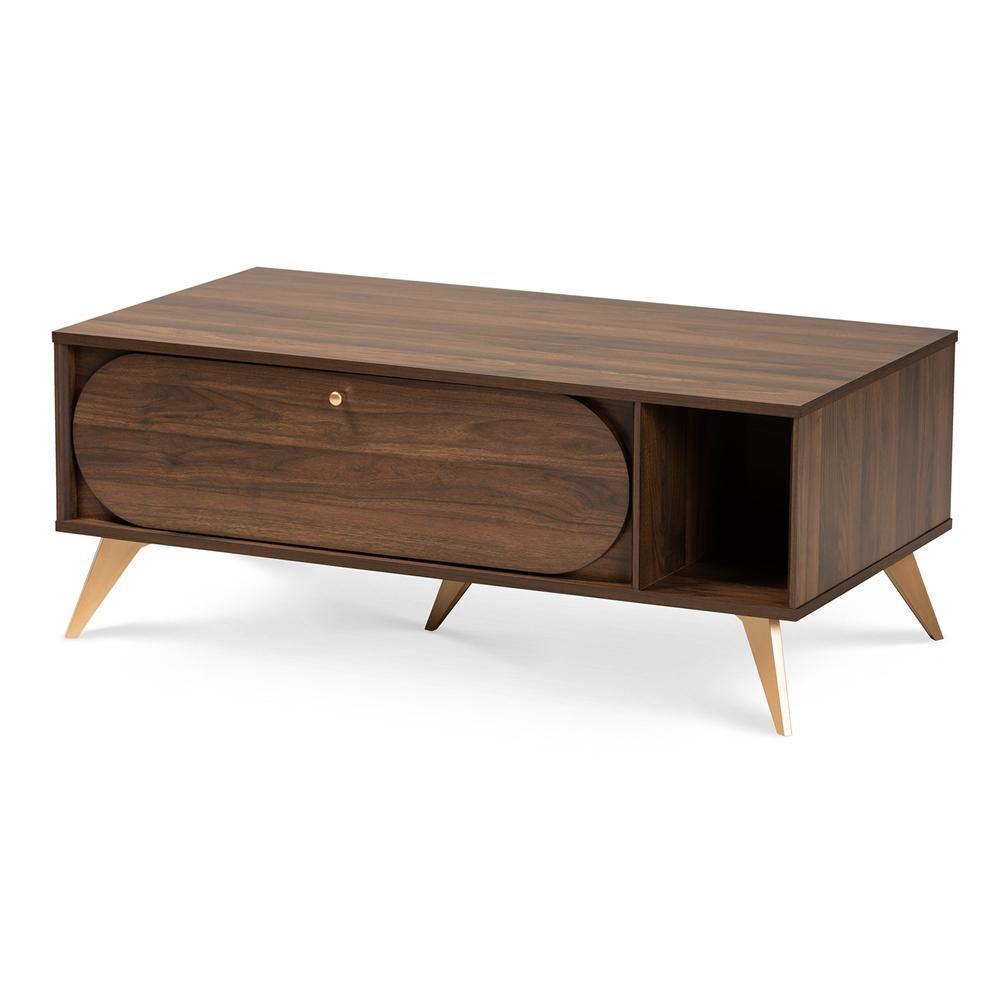 Edel Mid-Century Modern Walnut Brown and Gold Finished Wood Coffee Table FredCo