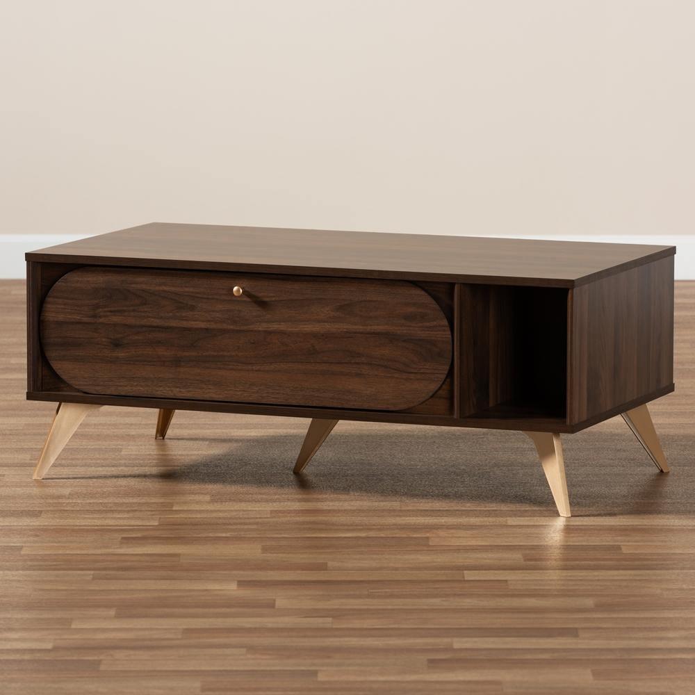 Edel Mid-Century Modern Walnut Brown and Gold Finished Wood Coffee Table FredCo