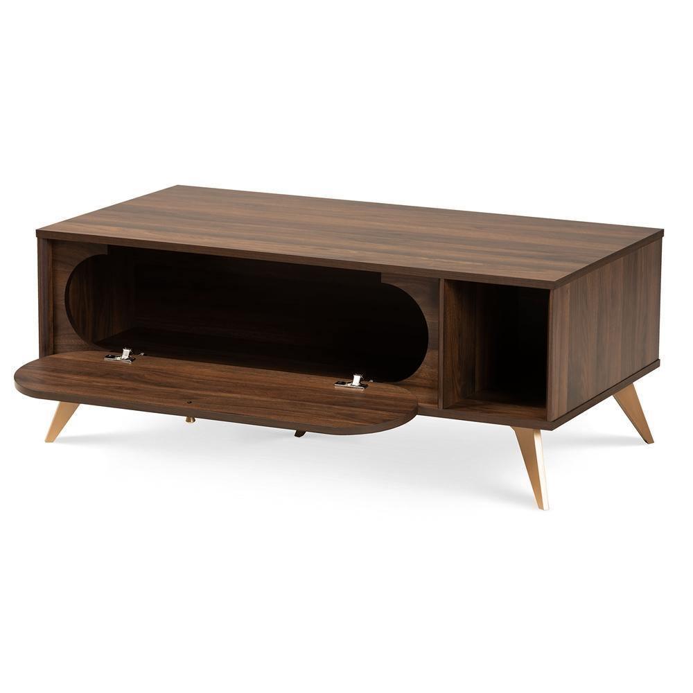 Edel Mid-Century Modern Walnut Brown and Gold Finished Wood Coffee Table FredCo