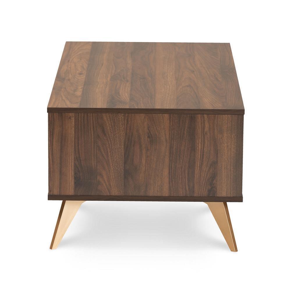Edel Mid-Century Modern Walnut Brown and Gold Finished Wood Coffee Table FredCo