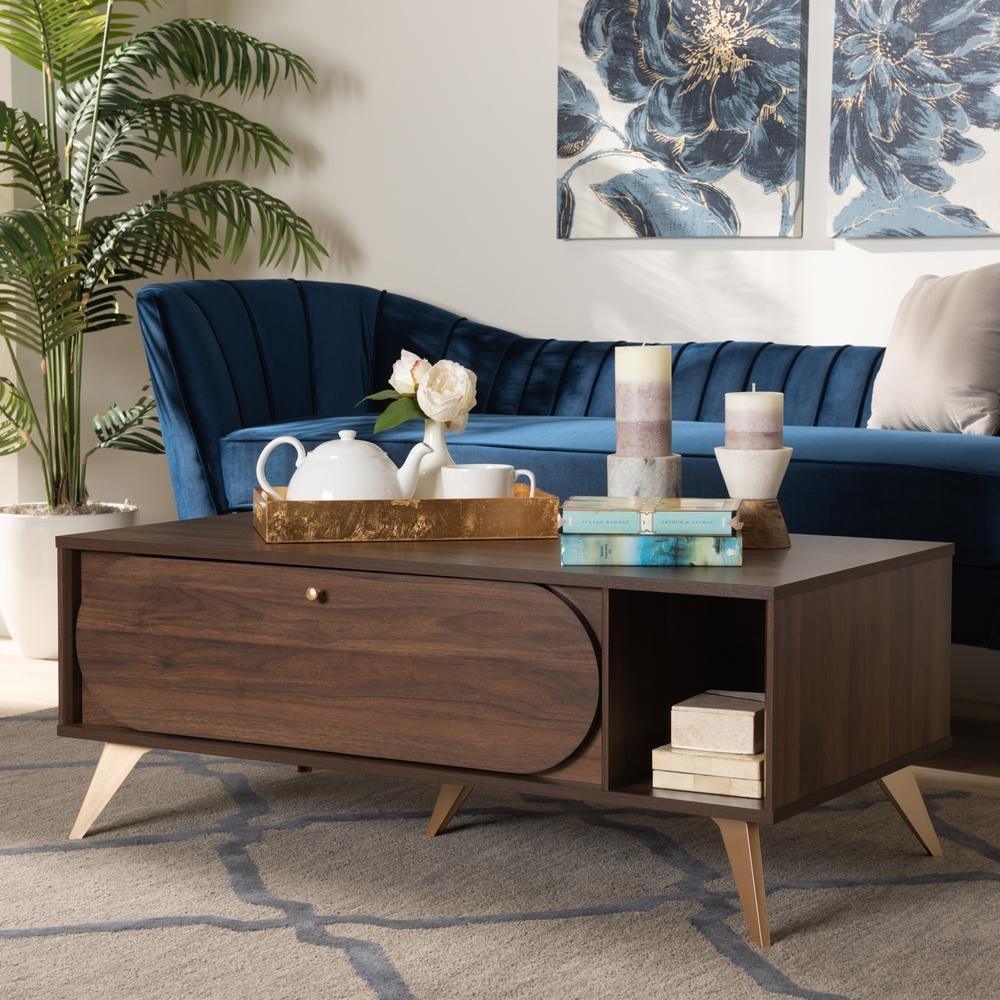 Edel Mid-Century Modern Walnut Brown and Gold Finished Wood Coffee Table FredCo