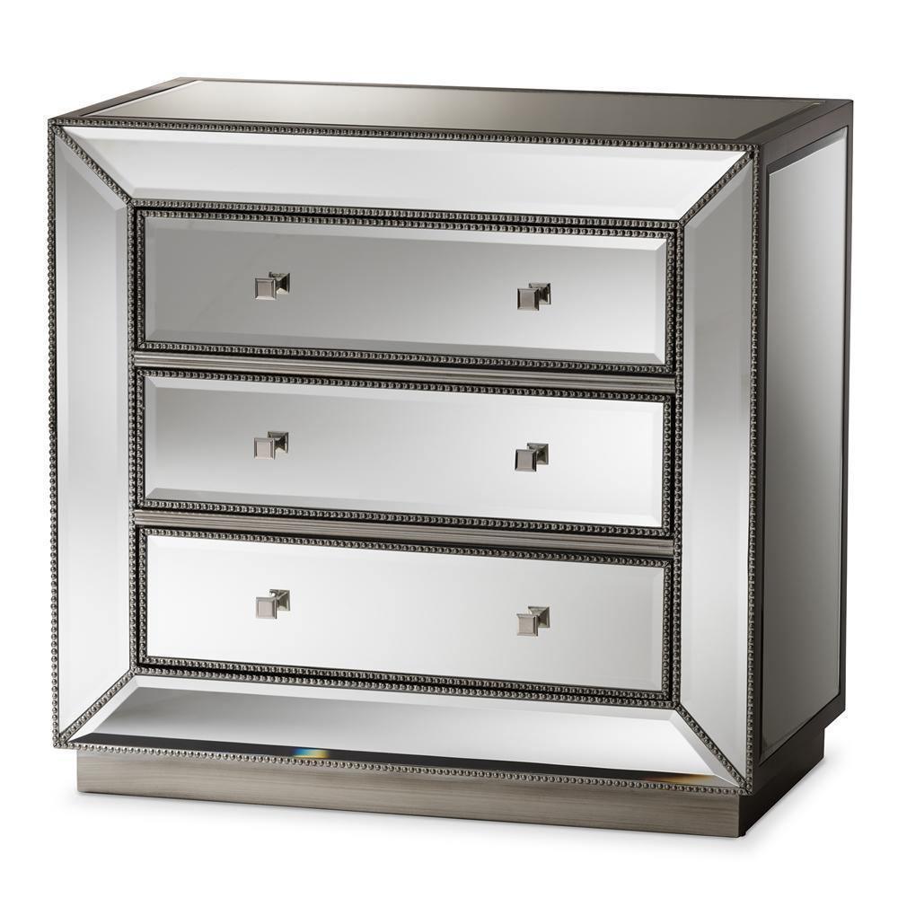 Edeline Hollywood Regency Glamour Style Mirrored 3-Drawer Chest FredCo
