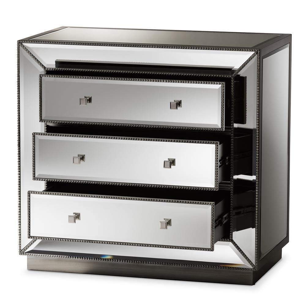 Edeline Hollywood Regency Glamour Style Mirrored 3-Drawer Chest FredCo