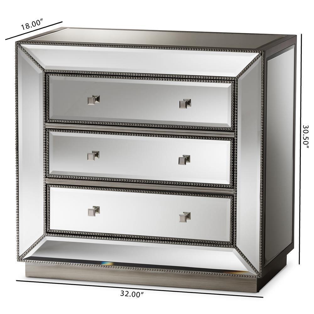 Edeline Hollywood Regency Glamour Style Mirrored 3-Drawer Chest FredCo