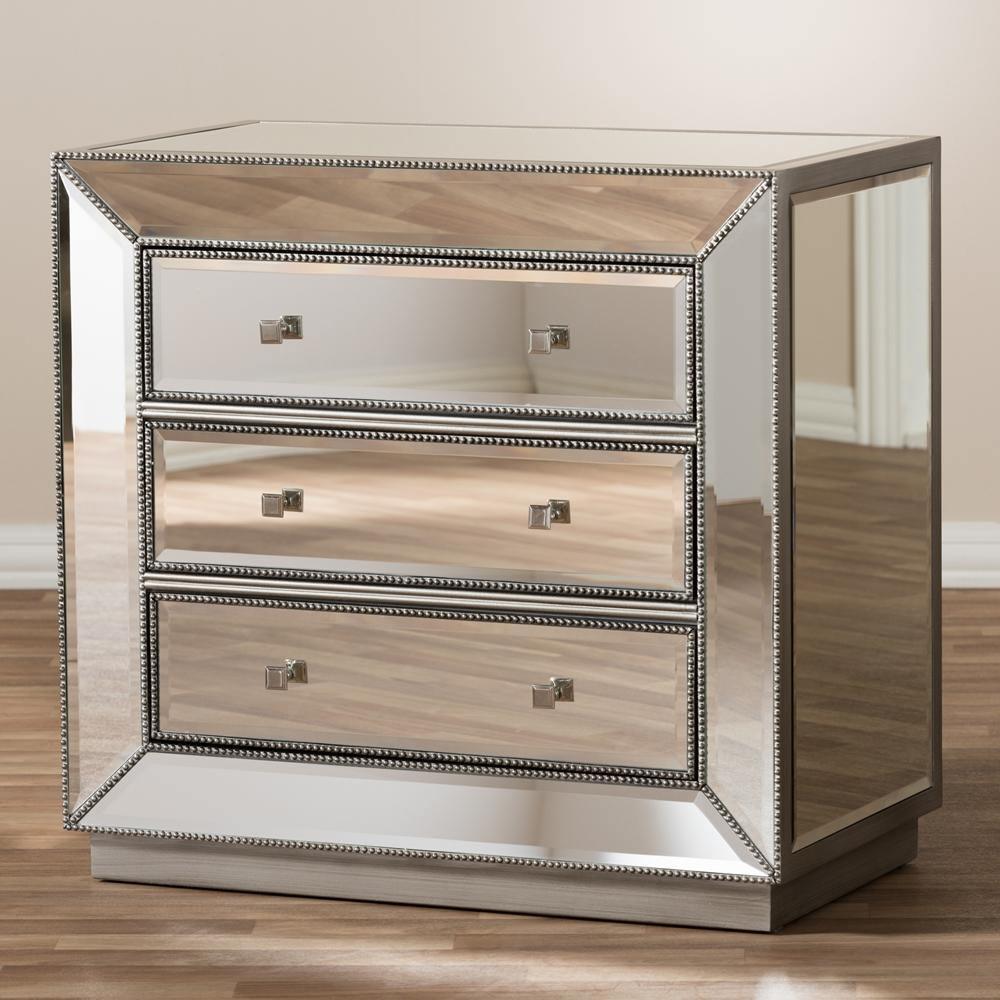Edeline Hollywood Regency Glamour Style Mirrored 3-Drawer Chest FredCo