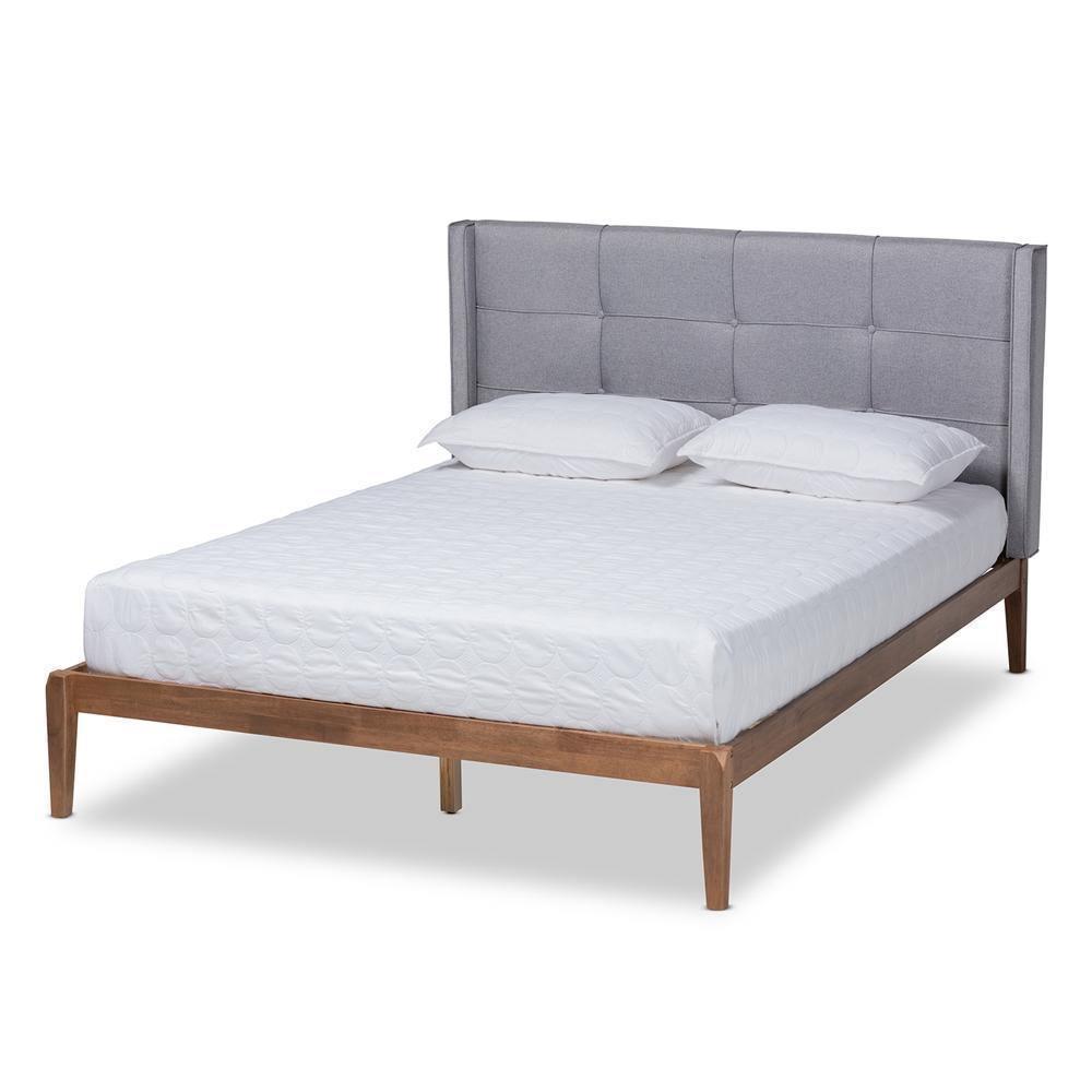 Edmond Modern and Contemporary Grey Fabric Upholstered and Ash Walnut Brown Finished Wood Queen Size Platform Bed FredCo
