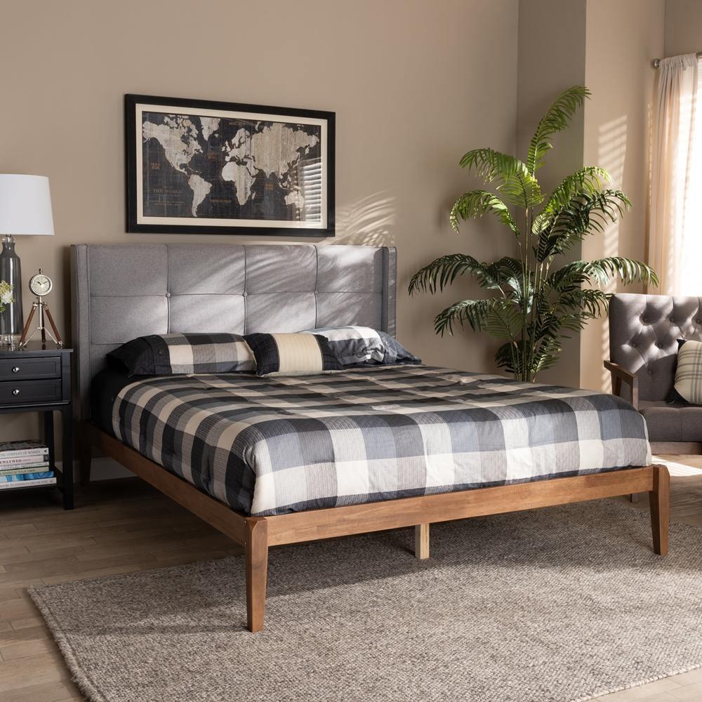 Edmond Modern and Contemporary Grey Fabric Upholstered and Ash Walnut Brown Finished Wood Queen Size Platform Bed FredCo