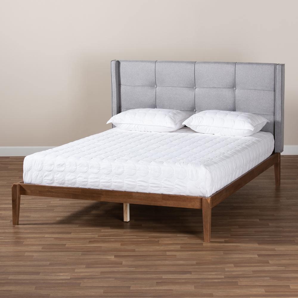 Edmond Modern and Contemporary Grey Fabric Upholstered and Ash Walnut Brown Finished Wood Queen Size Platform Bed FredCo