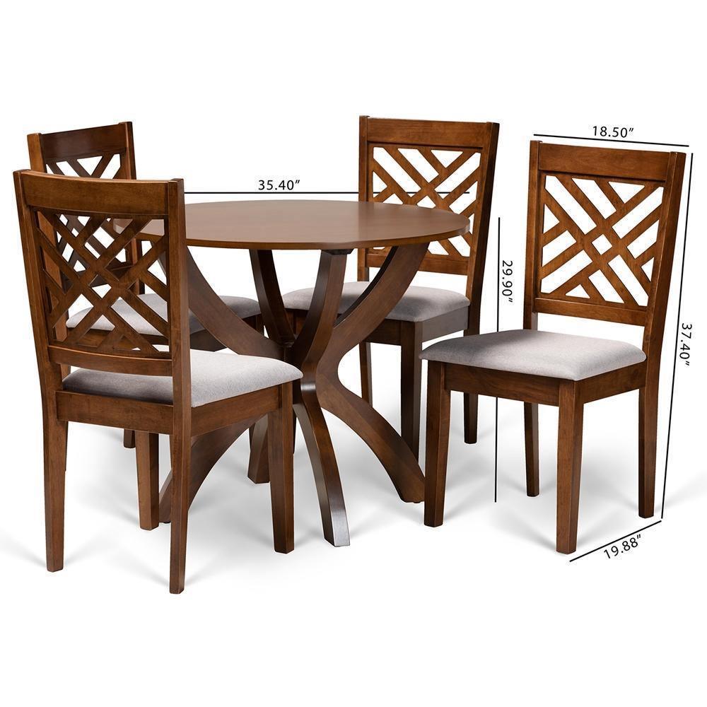 Edona Modern and Contemporary Grey Fabric Upholstered and Walnut Brown Finished Wood 5-Piece Dining Set FredCo