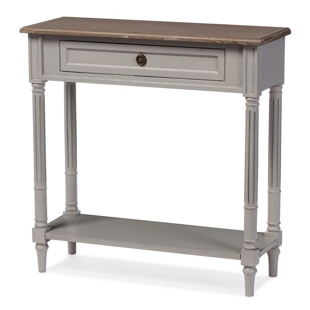 Edouard French Provincial Style White Wash Distressed Wood and Grey Two-tone 1-drawer Console Table FredCo
