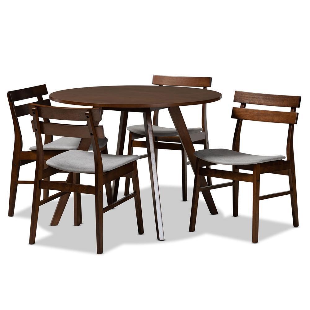 Eiko Mid-Century Modern Transitional Light Grey Fabric Upholstered and Walnut Brown Finished Wood 5-Piece Dining Set FredCo