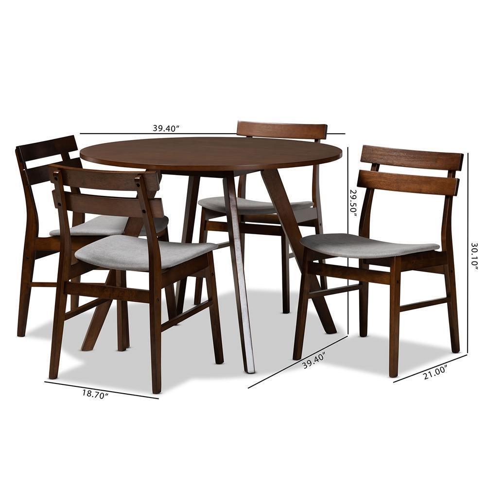 Eiko Mid-Century Modern Transitional Light Grey Fabric Upholstered and Walnut Brown Finished Wood 5-Piece Dining Set FredCo
