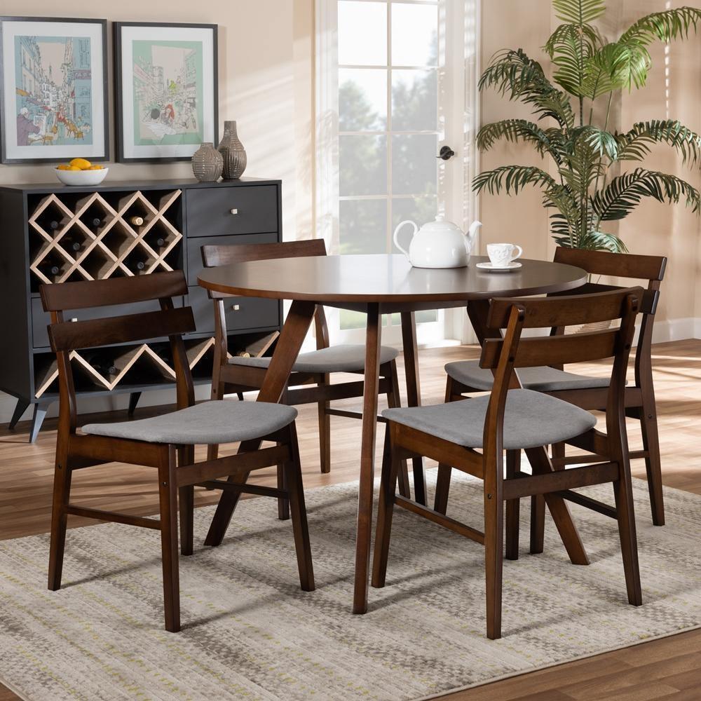 Eiko Mid-Century Modern Transitional Light Grey Fabric Upholstered and Walnut Brown Finished Wood 5-Piece Dining Set FredCo