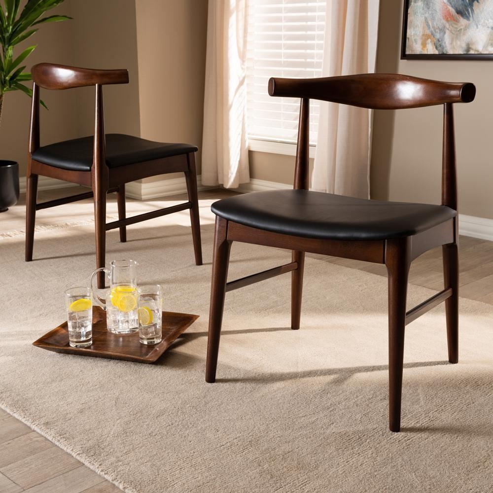 Eira Mid-Century Modern Black Faux Leather Upholstered Walnut Finished Wood Dining Chair Set of 2 FredCo