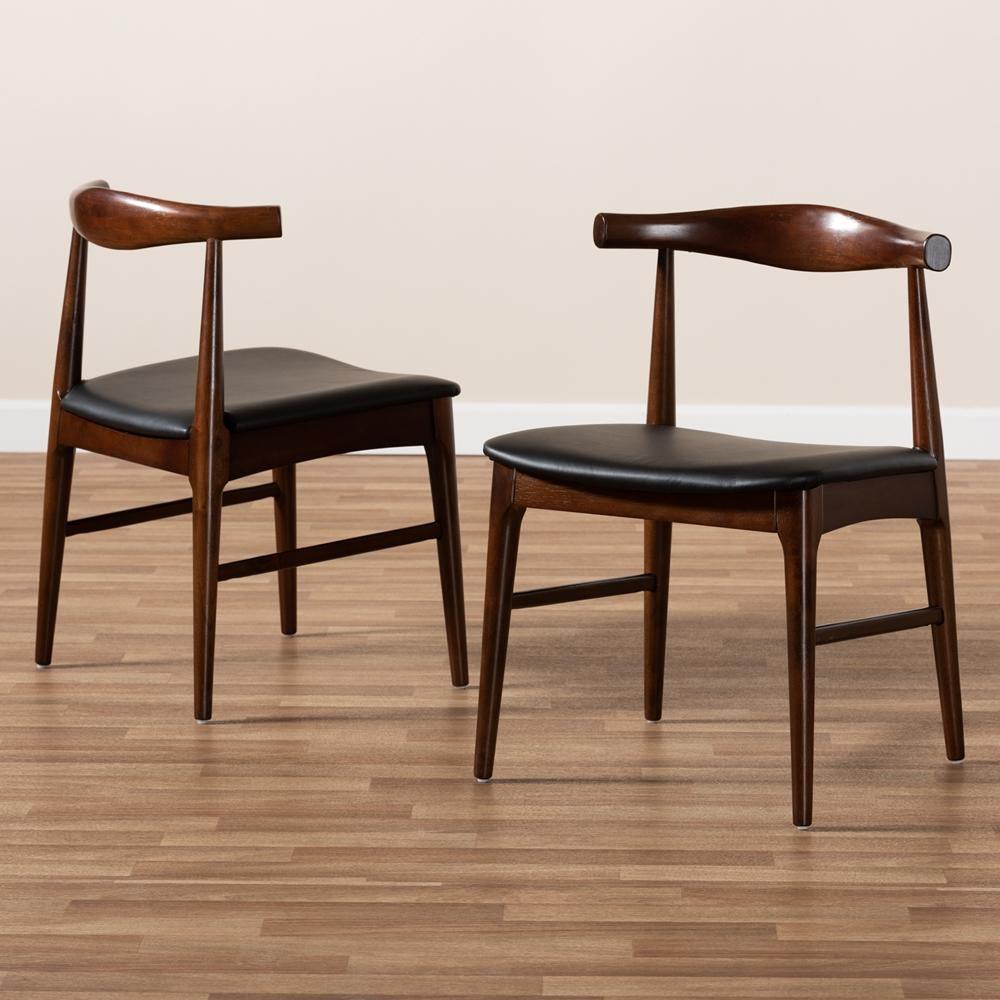 Eira Mid-Century Modern Black Faux Leather Upholstered Walnut Finished Wood Dining Chair Set of 2 FredCo