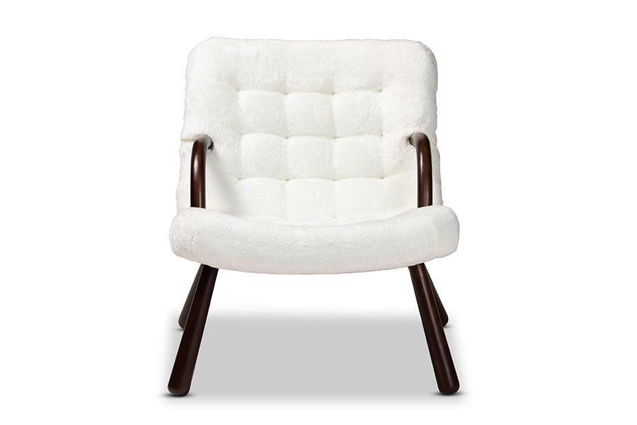 Eisa Modern and Contemporary White Sherpa Upholstered and Walnut Brown Finished Wood Accent Chair FredCo