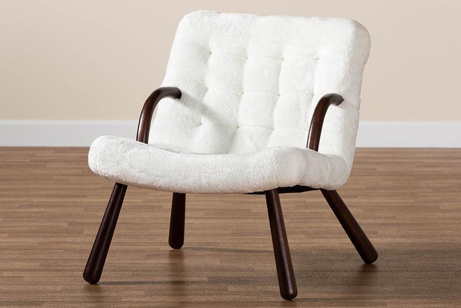 Eisa Modern and Contemporary White Sherpa Upholstered and Walnut Brown Finished Wood Accent Chair FredCo