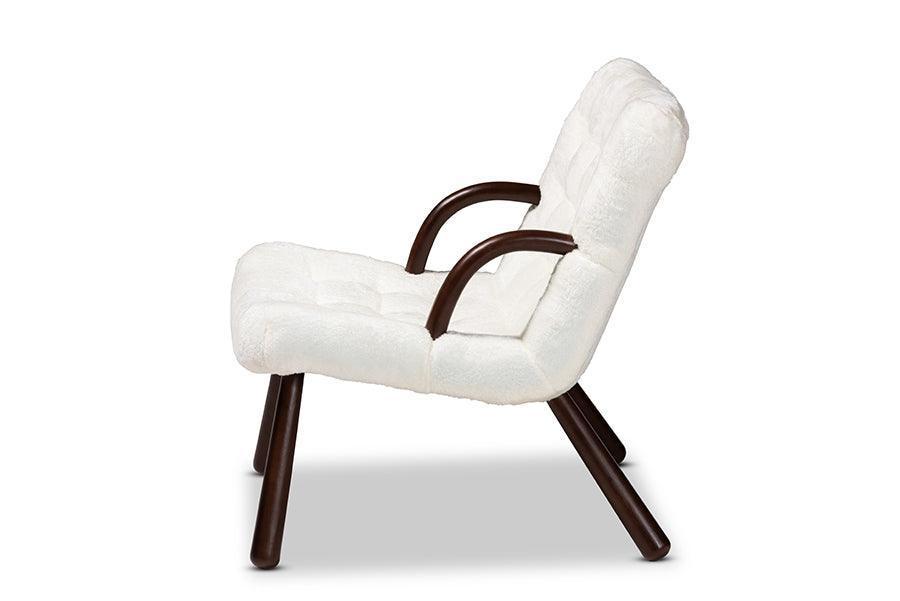 Eisa Modern and Contemporary White Sherpa Upholstered and Walnut Brown Finished Wood Accent Chair FredCo