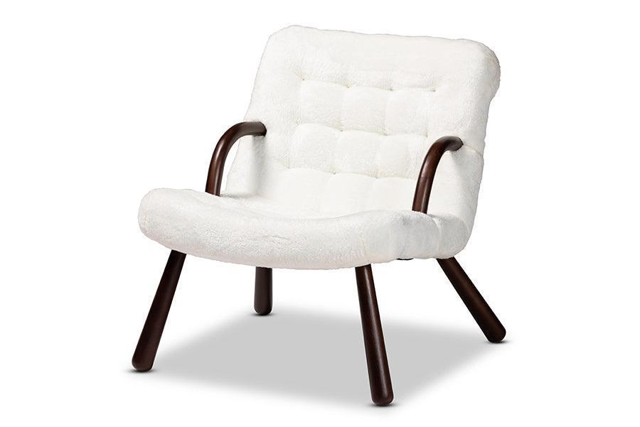 Eisa Modern and Contemporary White Sherpa Upholstered and Walnut Brown Finished Wood Accent Chair FredCo