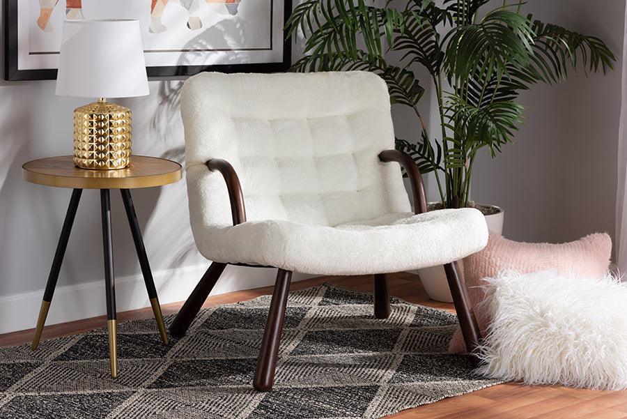 Eisa Modern and Contemporary White Sherpa Upholstered and Walnut Brown Finished Wood Accent Chair FredCo