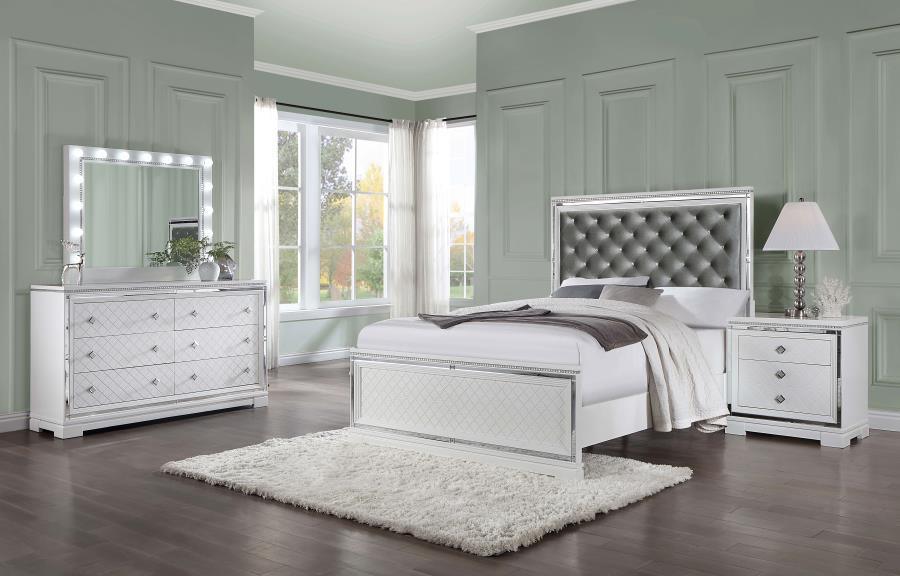 Eleanor Upholstered Tufted Bedroom Set White Coaster Queen, 4 Piece FredCo