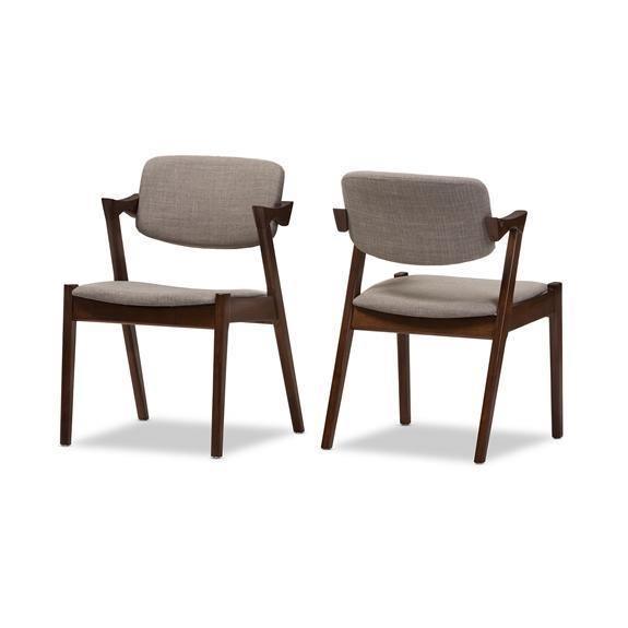 Elegant Mid-Century Dark Walnut Wood Grey Fabric Upholstered Dining Armchair (Set of 2) FredCo