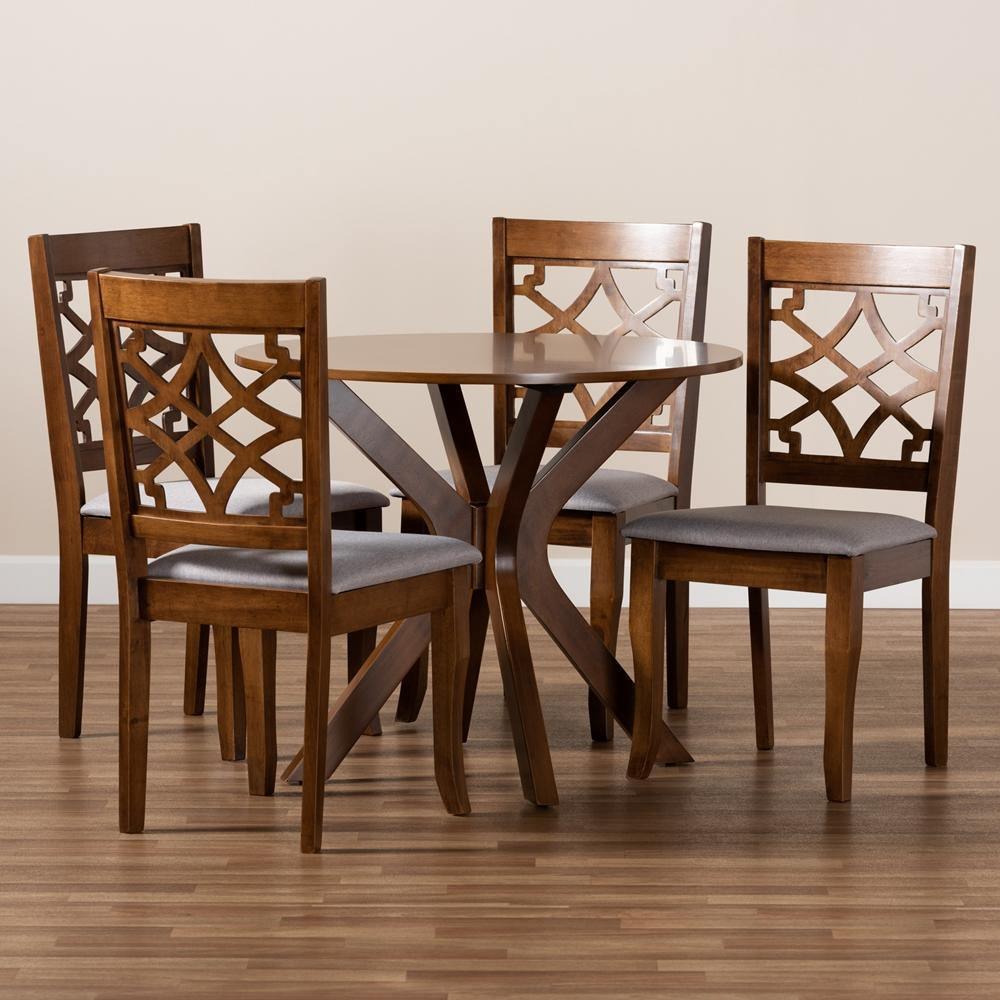 Elena Modern and Contemporary Grey Fabric Upholstered and Walnut Brown Finished Wood 5-Piece Dining Set FredCo