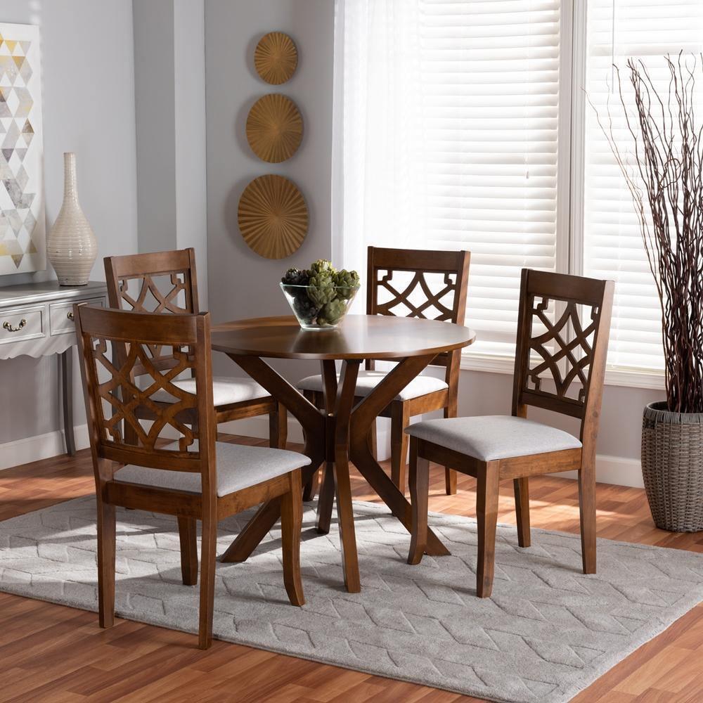 Elena Modern and Contemporary Grey Fabric Upholstered and Walnut Brown Finished Wood 5-Piece Dining Set FredCo