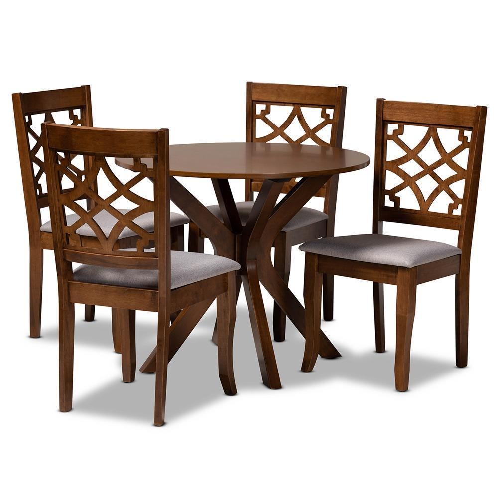 Elena Modern and Contemporary Grey Fabric Upholstered and Walnut Brown Finished Wood 5-Piece Dining Set FredCo