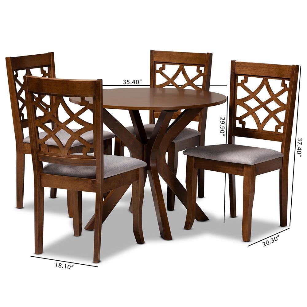 Elena Modern and Contemporary Grey Fabric Upholstered and Walnut Brown Finished Wood 5-Piece Dining Set FredCo