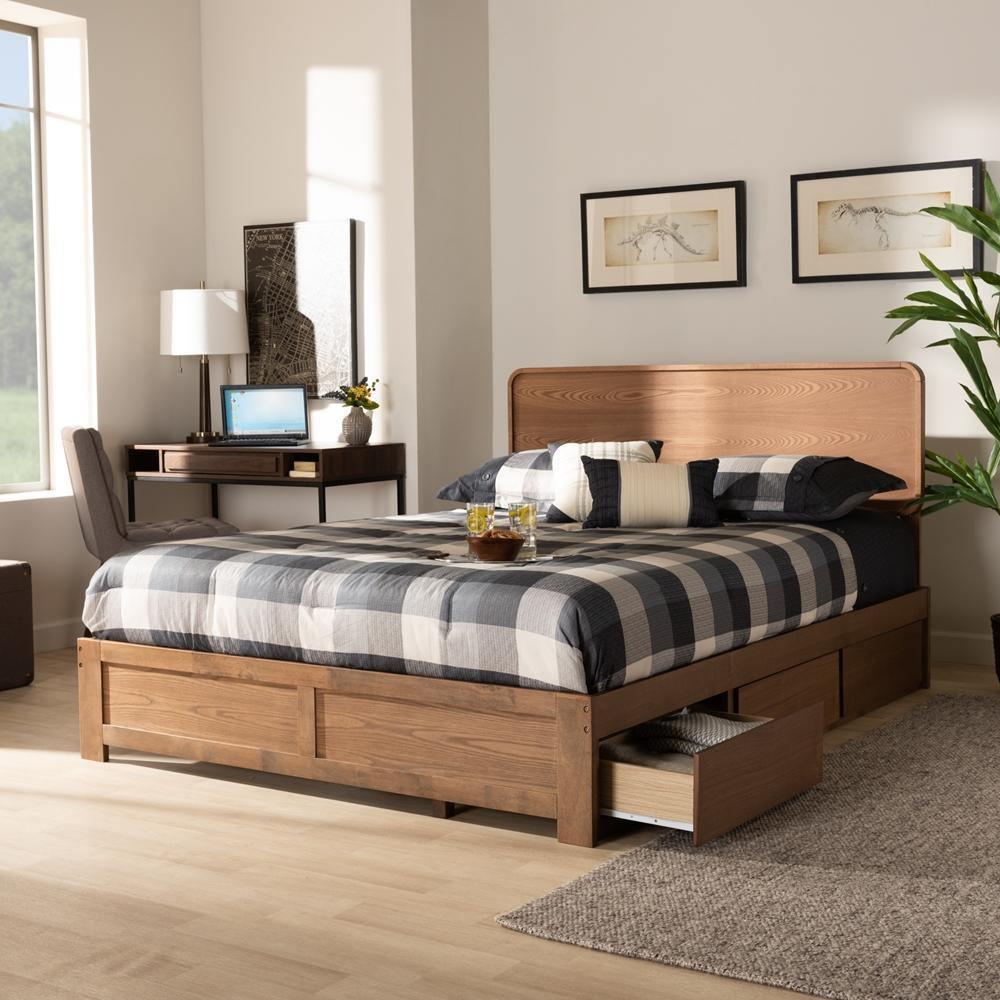 Eleni Modern and Contemporary Transitional Ash Walnut Brown Finished Wood Full Size 3-Drawer Platform Storage Bed FredCo
