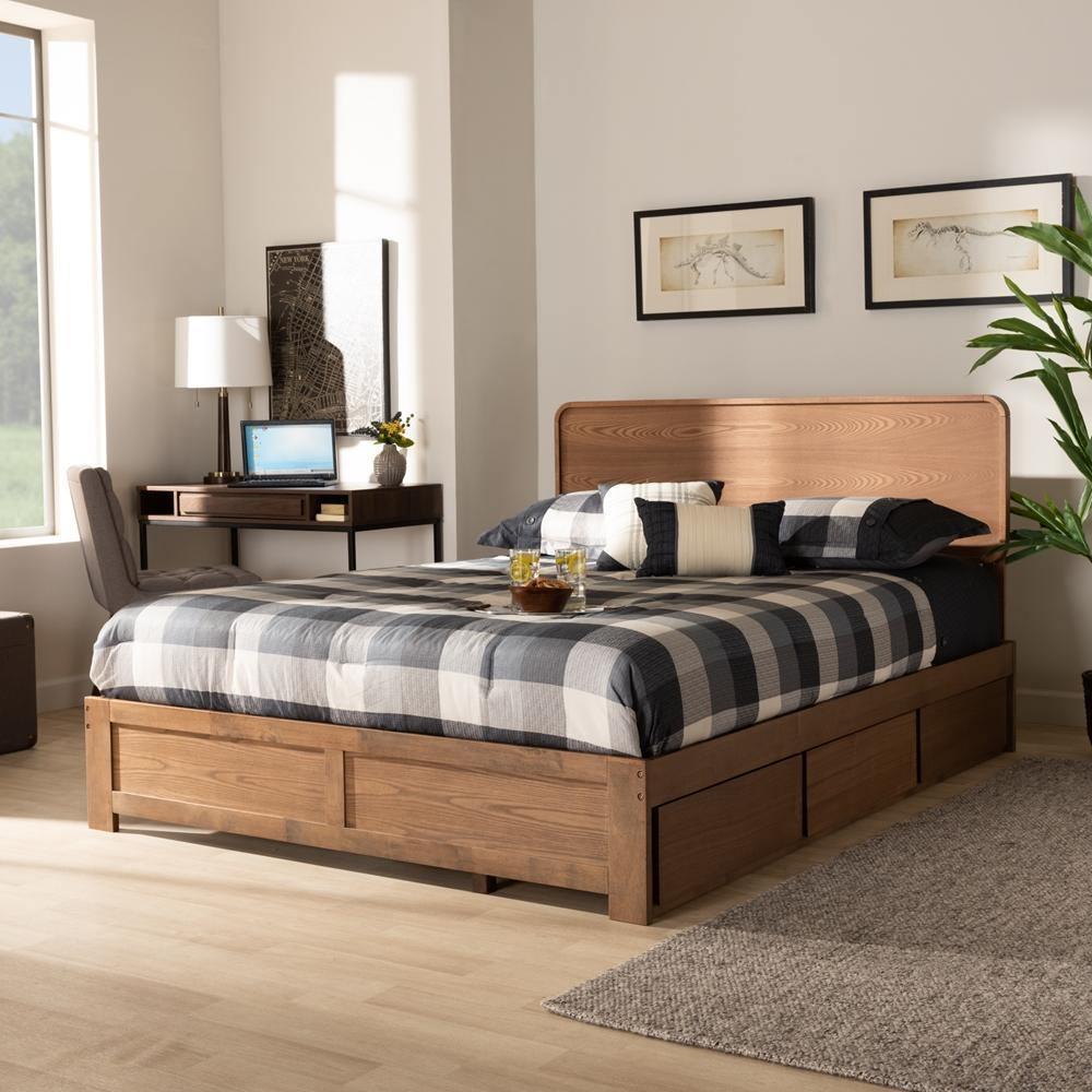 Eleni Modern and Contemporary Transitional Ash Walnut Brown Finished Wood Full Size 3-Drawer Platform Storage Bed FredCo