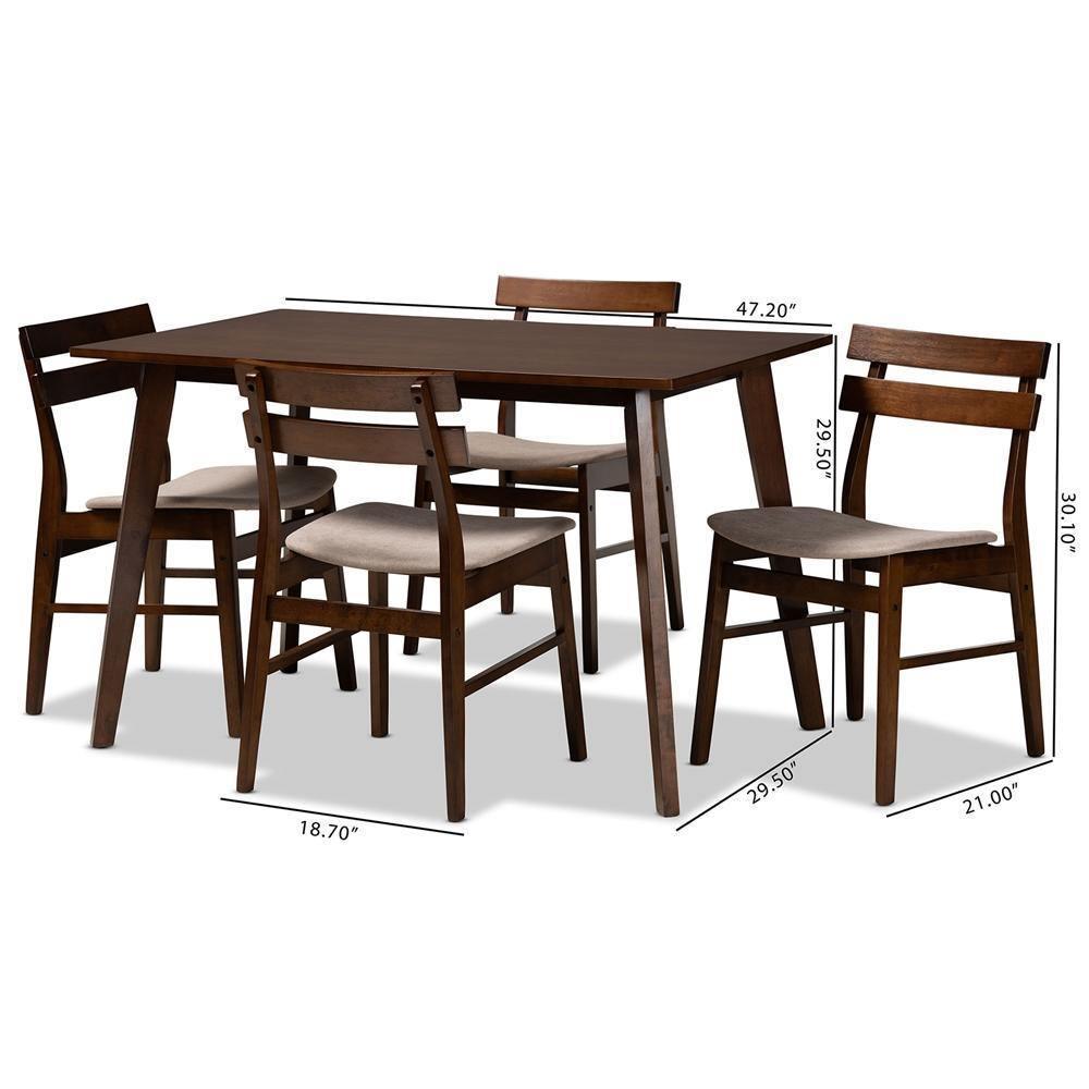 Eleri Mid-Century Modern Transitional Light Beige Fabric Upholstered and Walnut Brown Finished Wood 5-Piece Dining Set FredCo