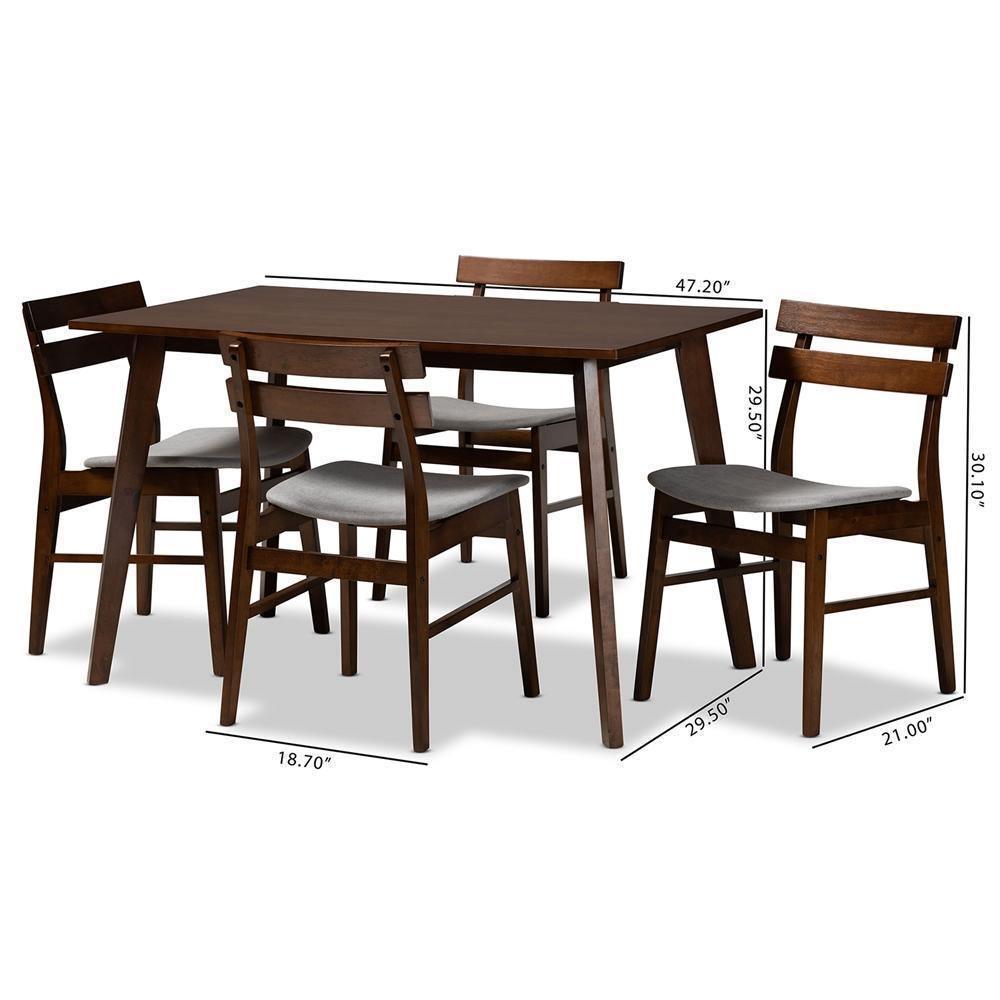 Eleri Mid-Century Modern Transitional Light Grey Fabric Upholstered and Walnut Brown Finished Wood 5-Piece Dining Set FredCo