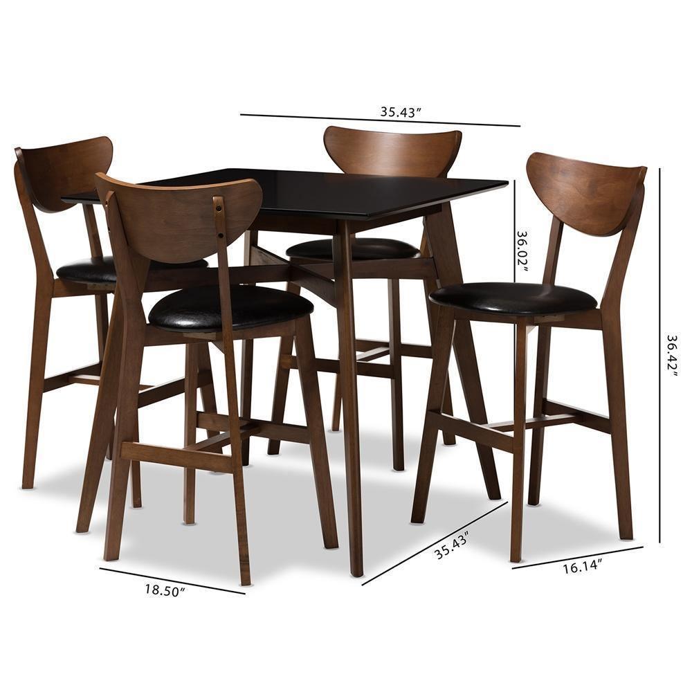 Eline Mid-Century Modern Black Faux Leather Upholstered Walnut Finished 5-Piece Pub Set FredCo