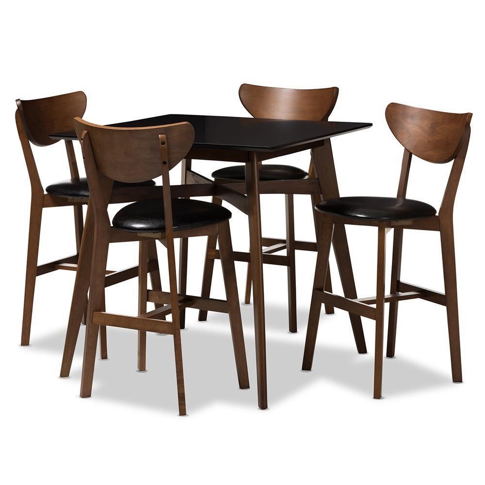 Eline Mid-Century Modern Black Faux Leather Upholstered Walnut Finished 5-Piece Pub Set FredCo
