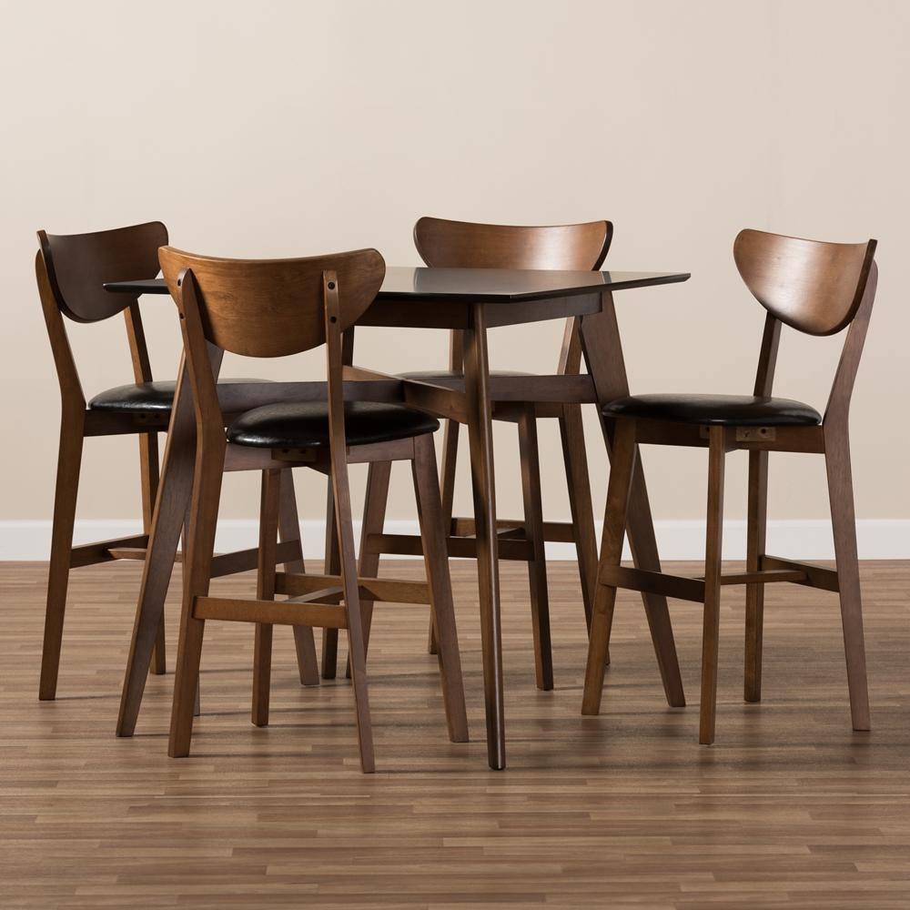 Eline Mid-Century Modern Black Faux Leather Upholstered Walnut Finished 5-Piece Pub Set FredCo