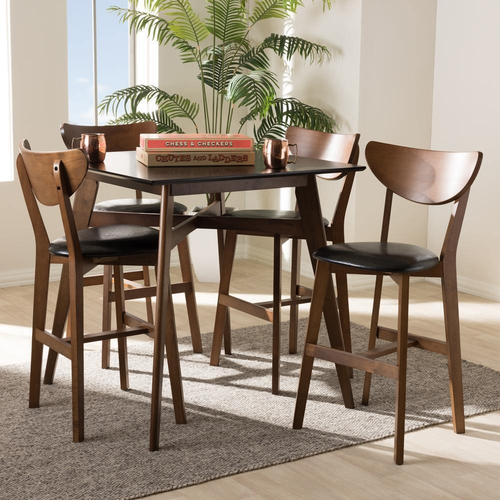 Eline Mid-Century Modern Black Faux Leather Upholstered Walnut Finished 5-Piece Pub Set FredCo