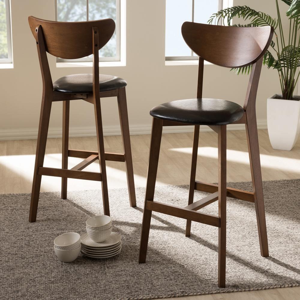 Eline Mid-Century Modern Black Faux Leather Upholstered Walnut Finished Bar Stool (Set of 2) FredCo