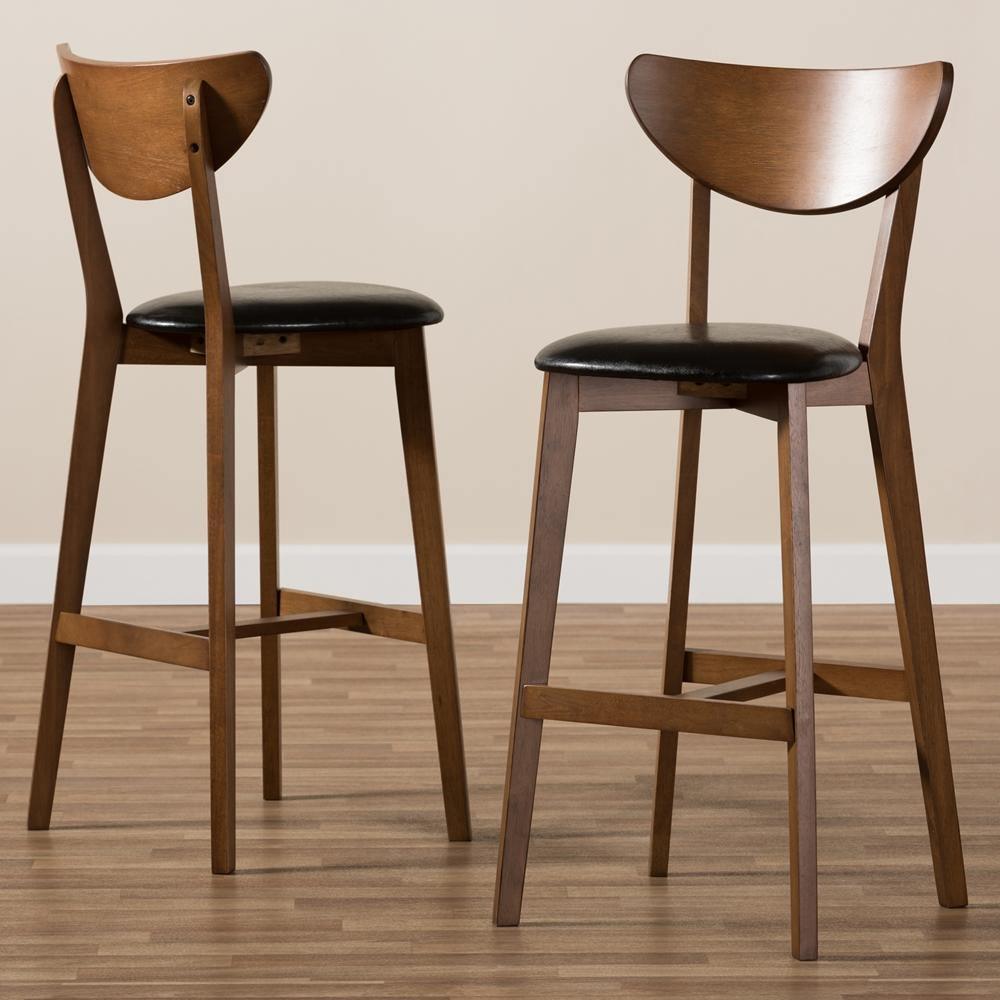 Eline Mid-Century Modern Black Faux Leather Upholstered Walnut Finished Bar Stool (Set of 2) FredCo